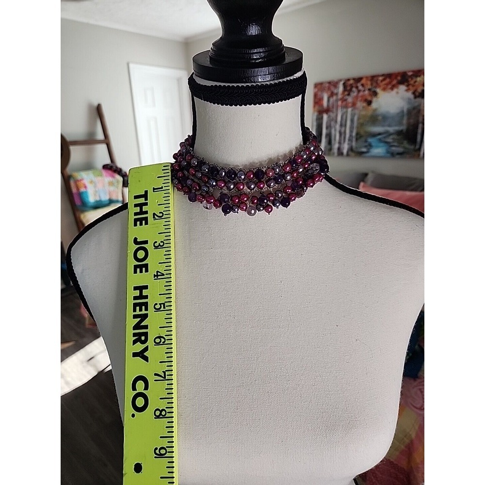 Purple Burgundy Faux Pearl Beaded Multi Strand Bib Choker Necklace Gunmetal Tone - Picture 4 of 5